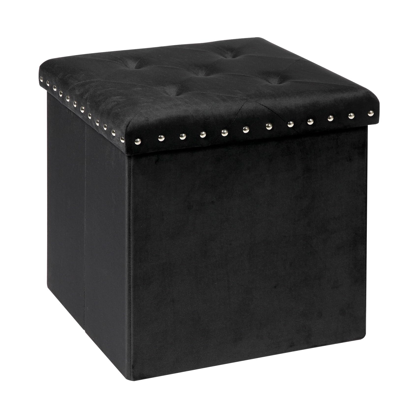 PINPLUS Black Folding Storage Ottoman Cube, Small Velvet Tuffed Foot Rest Stool with Rivet Design, Padded Seat for Living Room, Shoes Box Chest for Bedroom Vanity Area, 15.7inches