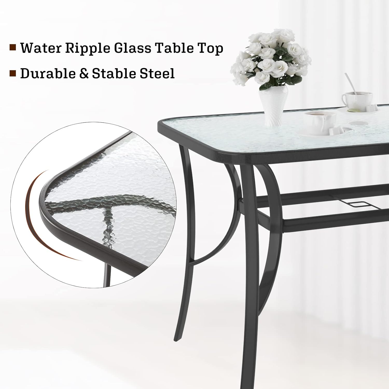 soges 47in Outdoor Patio Bistro Coffee Tea Table, Rectangular Tempered Glass Steel Frame Dining Table with Umbrella Hole, All Weather Outside Desk for Garden Balcony Backyard, Black 30LHYW-OT01BK120
