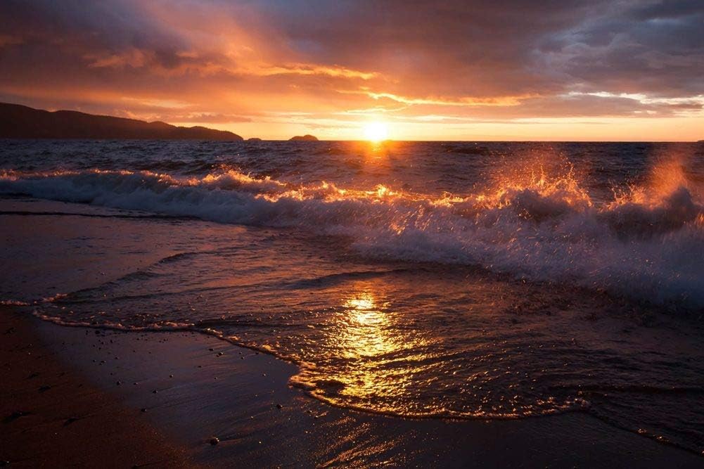 夕日の光の壁紙に向かって上昇する渦巻く波の壁紙 ビーチの壁紙 キャンバス ステッカー 印刷 壁紙ポスター はがせるシール式 写真 特大 絵画 壁飾り60cmx40cm