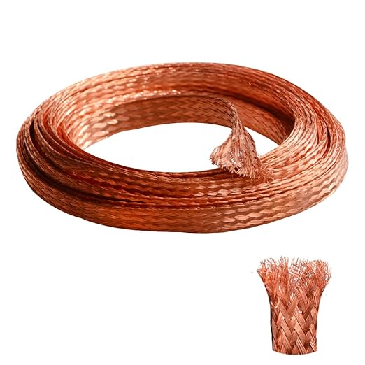 QuQuyi 16.4ft 3/16 Inch Flat Copper Braided Ground Strap Wire Expandable Metal Sheath Square 2.5mm2 Screening Signal Wire Cable Shielded