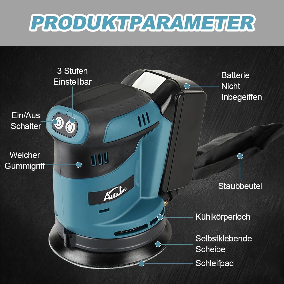 Exzenterschleifer Kompatibel mit Makita 18 V Akku 3 Leistungsstufe Schwingschleifer 125MM Exenterschleifmaschine zum Schleifen, Polieren, Oberflächen glätten (ohne Akku)