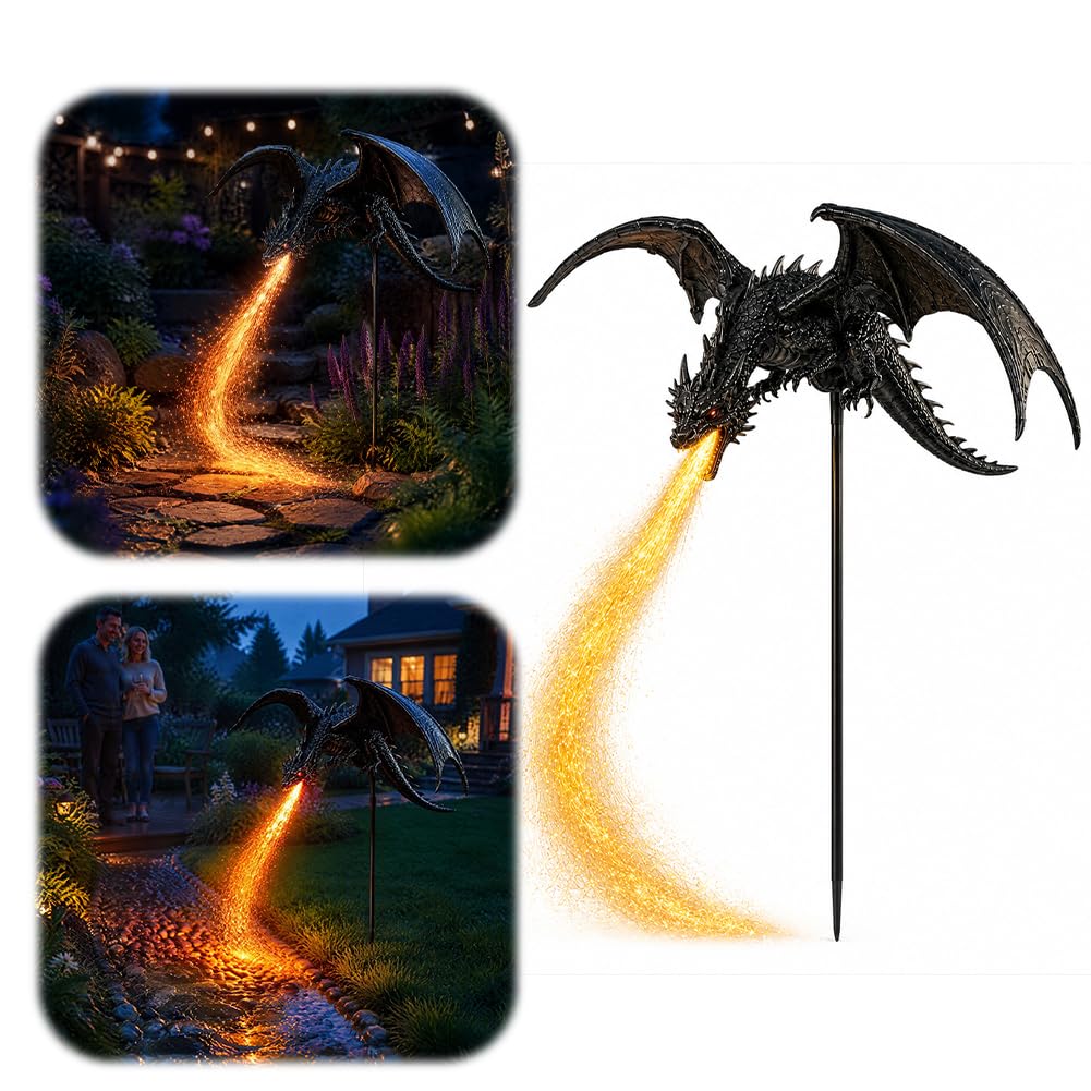 Gothic Fire Dragon Solar Garden Light, Fantasy Outdoor Yard Stake Ornament
