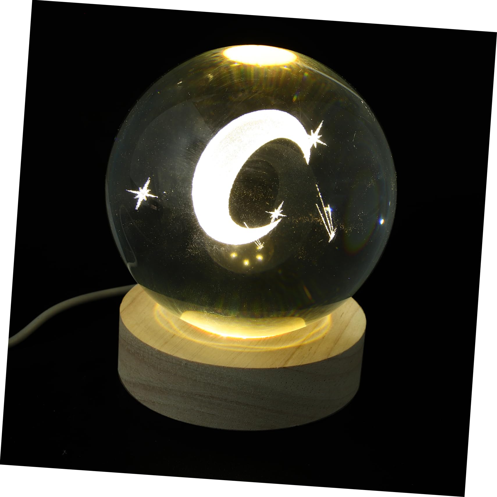 Holibanna Moon Lamp Stand Wooden Illuminated Base Night Light with 3D Crystal Ball USB Charging for Bedroom Decor