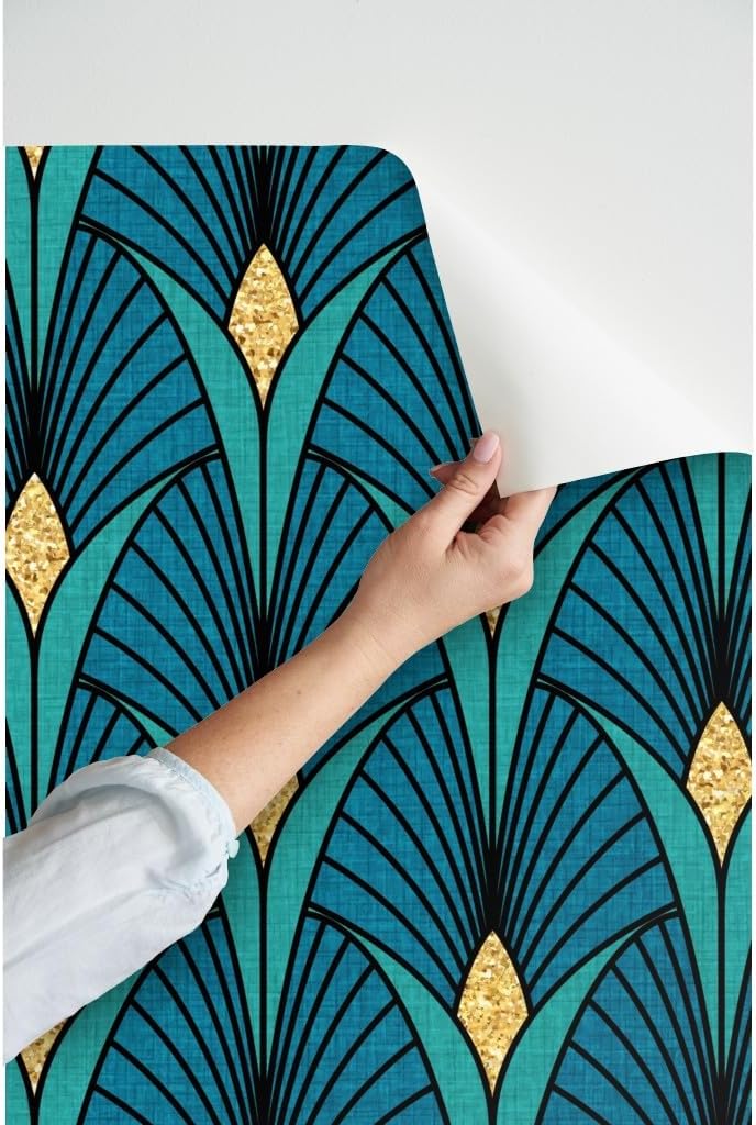 Spoonflower Peel & Stick Wallpaper Swatch - Art Deco Peacock Emerald Gold Blue Teal Retro Elegant Custom Removable Wallpaper