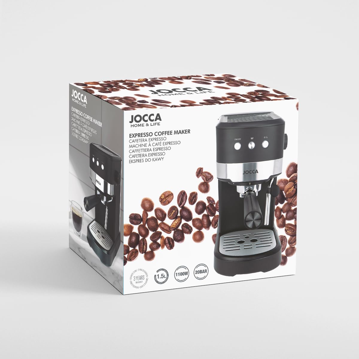 Jocca – Cafetera Espresso 20 Bares con Vaporizador | 1100W | Depósito 1,25L Desmontable | Metal | Color Negro | Preparación de 1 o 2 Tazas