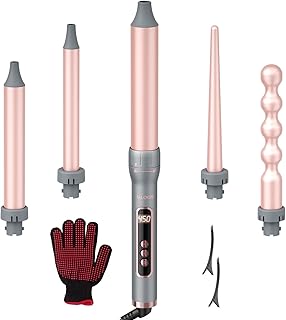 Professional 5 in 1 Curling Wand Set, Instant Heat Up Hair Curler Wand with 4 Interchangeable Ceramic Barrels and 1 Curling Iron Brush, Heat Protective Glove & 2 Clips (pink-)