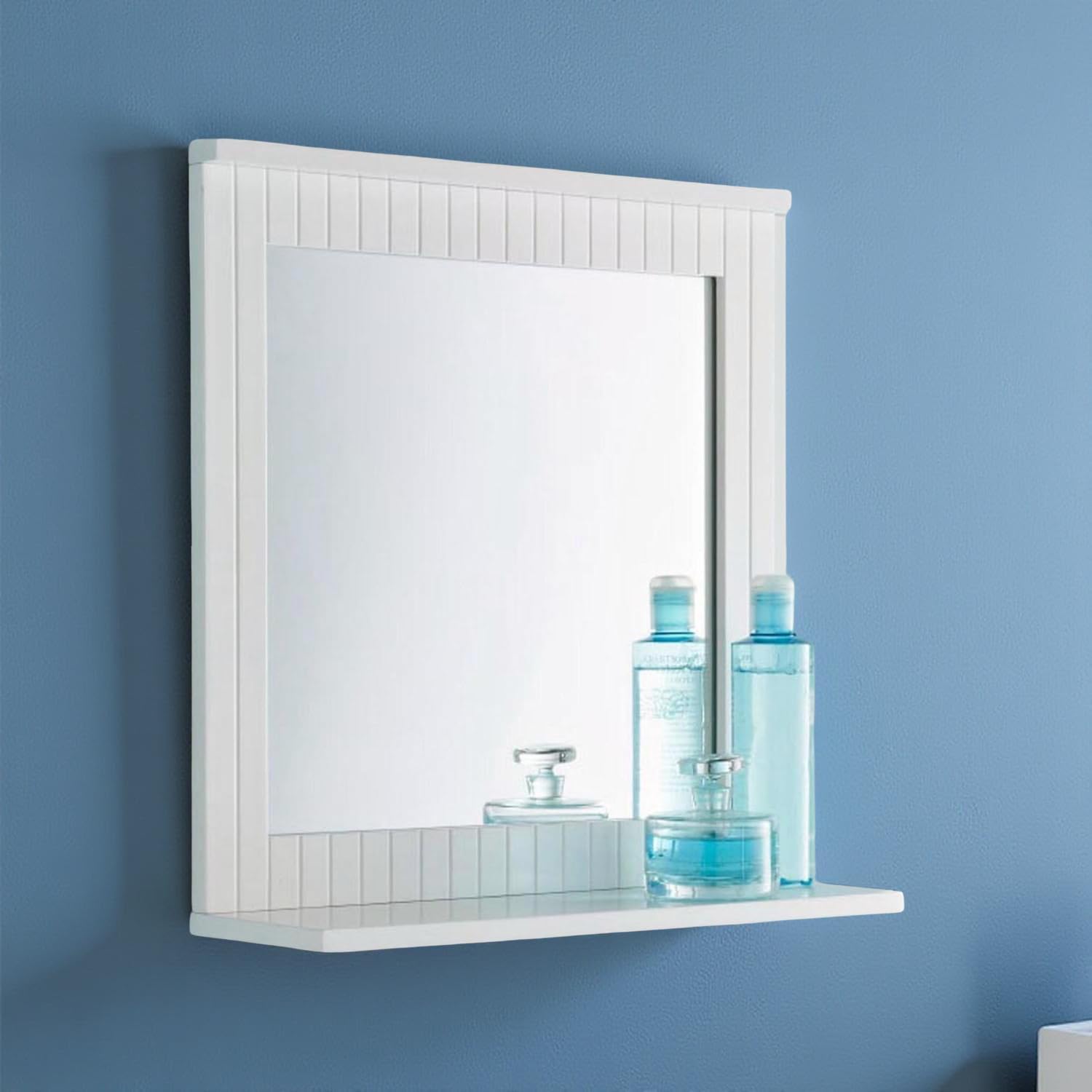 White Bathroom Mirror with Shelf, 40 cm Wall Mounted Vanity Mirror with Wooden Frame