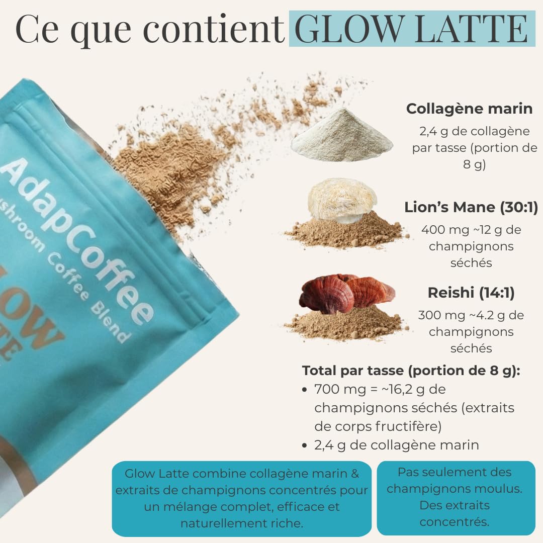 Glow Latte – Café Latte Instantané aux champignons adaptogènes & Collagène Marin - Lion’s Mane & Reishi – Focus, Vitalité & Bien-être - Crémeux & Gourmand - Sans Sucre Ajouté – 30 Tasses – ADAPCOFFEE