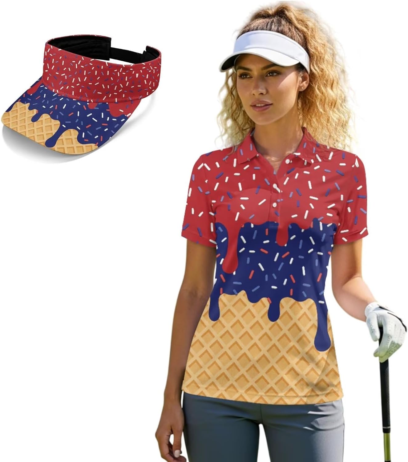 2 Piece with Short Sleeve Golf Shirts for Women and Open Top Sun Visors for Women Quick Dry Womens Tennis Tops