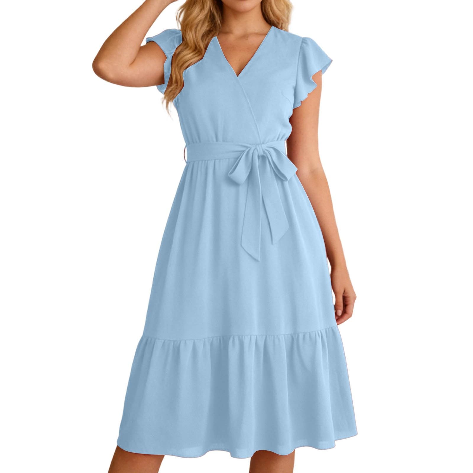 Générique Robe d'été décontractée Style bohème, col V Cache-cœur, Manches Courtes et Volants, idéale pour Une invitée à Un Mariage à la Plage