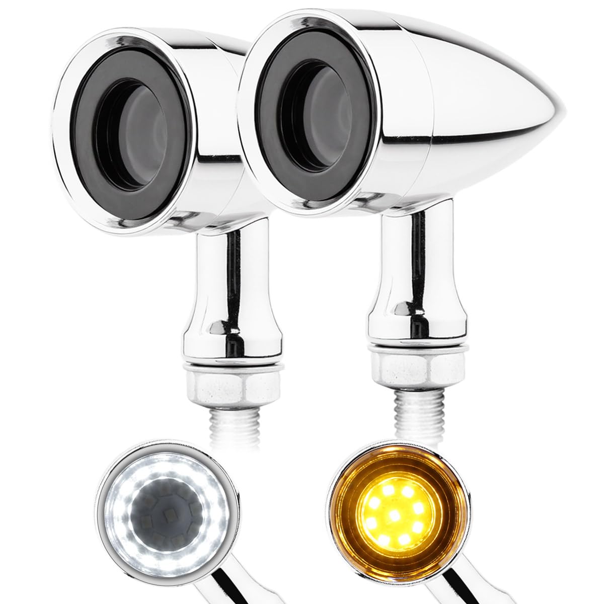 TSUNG Universal Motorcycle LED Turn Signals Lights Small Bullet Front Rear Blinkers Tail Lights for Cruiser Chopper Bobber Cafe Racer Street Bike (RING-Chrome, White&amp;Amber)
