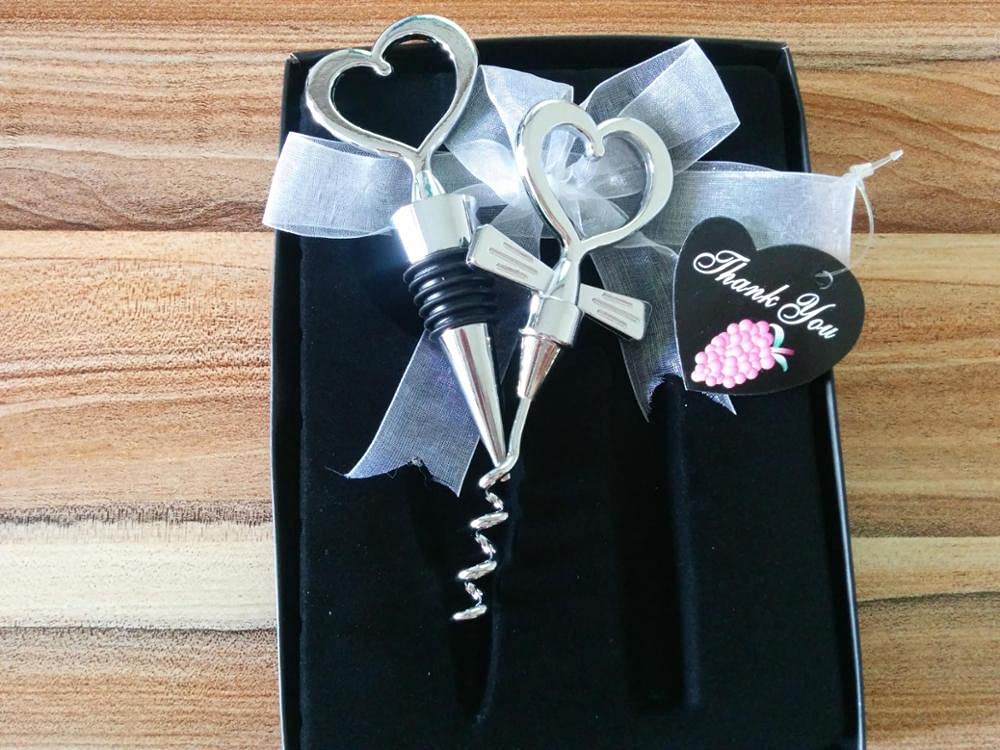 Juego de 10 abrebotellas de vino con forma de corazón + tapón de vino, regalos de boda para invitados, abridor de botellas, decoración de boda (caja negra, 10 cajas)