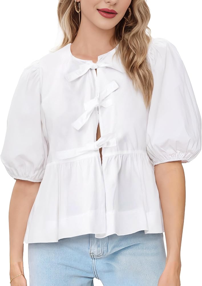 BABY DOLL BLOUSE 【FETICO】　white joyliveCY Womens Tie Front Top Peplum Babydoll Shirt 3/4 Puff