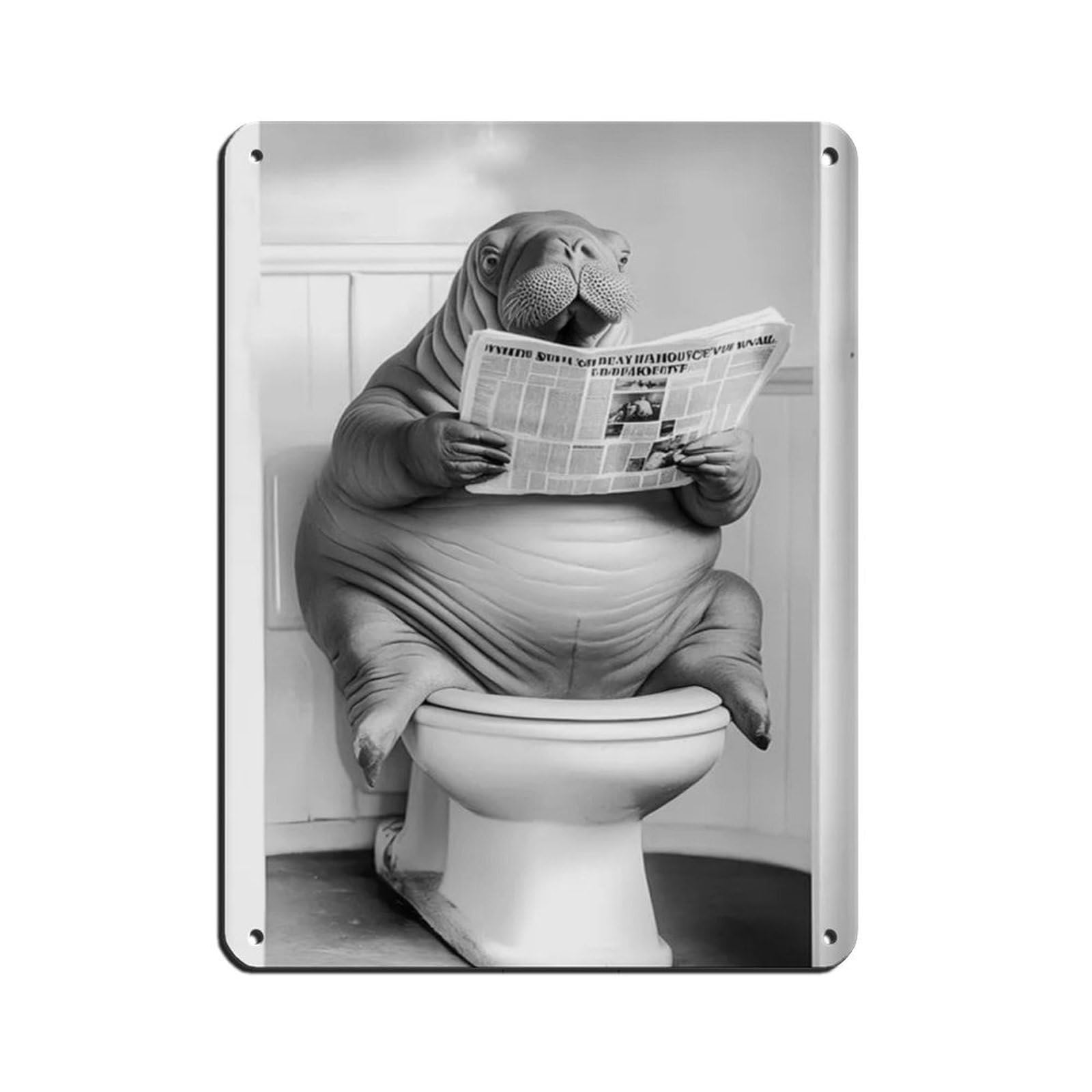 Walrus Sitting on The Toilet Reading A Newspaper Tin Sign Vintage Metal Pub Club Cafe Bar Home Wall Art Decoration Poster Retro 12x16inch(30x40cm)