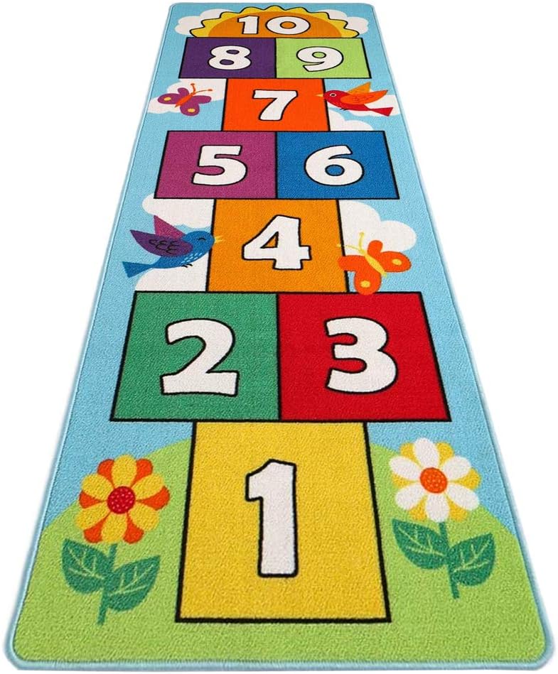 HIGHTAO Hop & Count Hopscotch Rug Soft Carpet Children Floor Playing Crawling Game Rectangle Mat Home Decortion Floor Rug Great for 3, 4, 5, 6, and 7 Year Olds, 26" x 78" Multi Color
