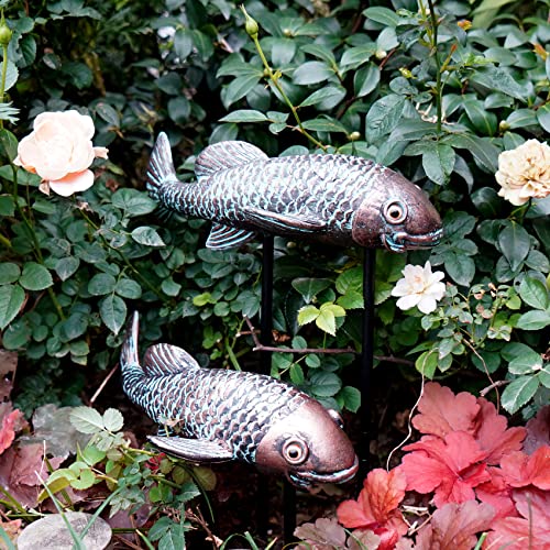 Garden Sculptures & Statues,Koi Fish Decor,Garden Fish Art,Set Of 2 Antique Ceramic Koi Fish Yard Art Decor,Glowing Garden Fish At Night,For Outdoors,Patio,Yard,Lawn,Pond,Home Decoration (Bronz) #TOP2