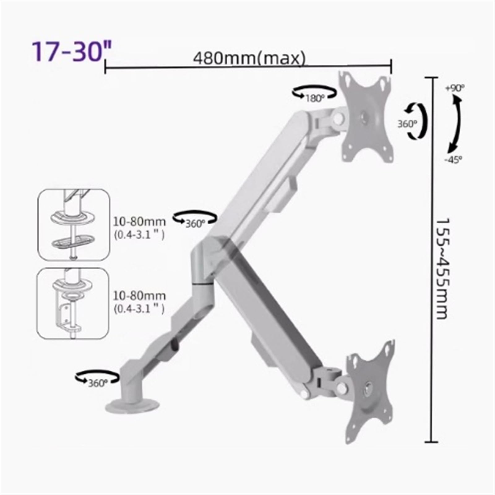 Braccio for monitor singolo adatto a schermi da 17-30" entro 19,8 libbre, supporto da scrivania for monitor con molla a gas regolabile con morsetto a C e base passacavo, VESA massimo 100x100 mm(Silver