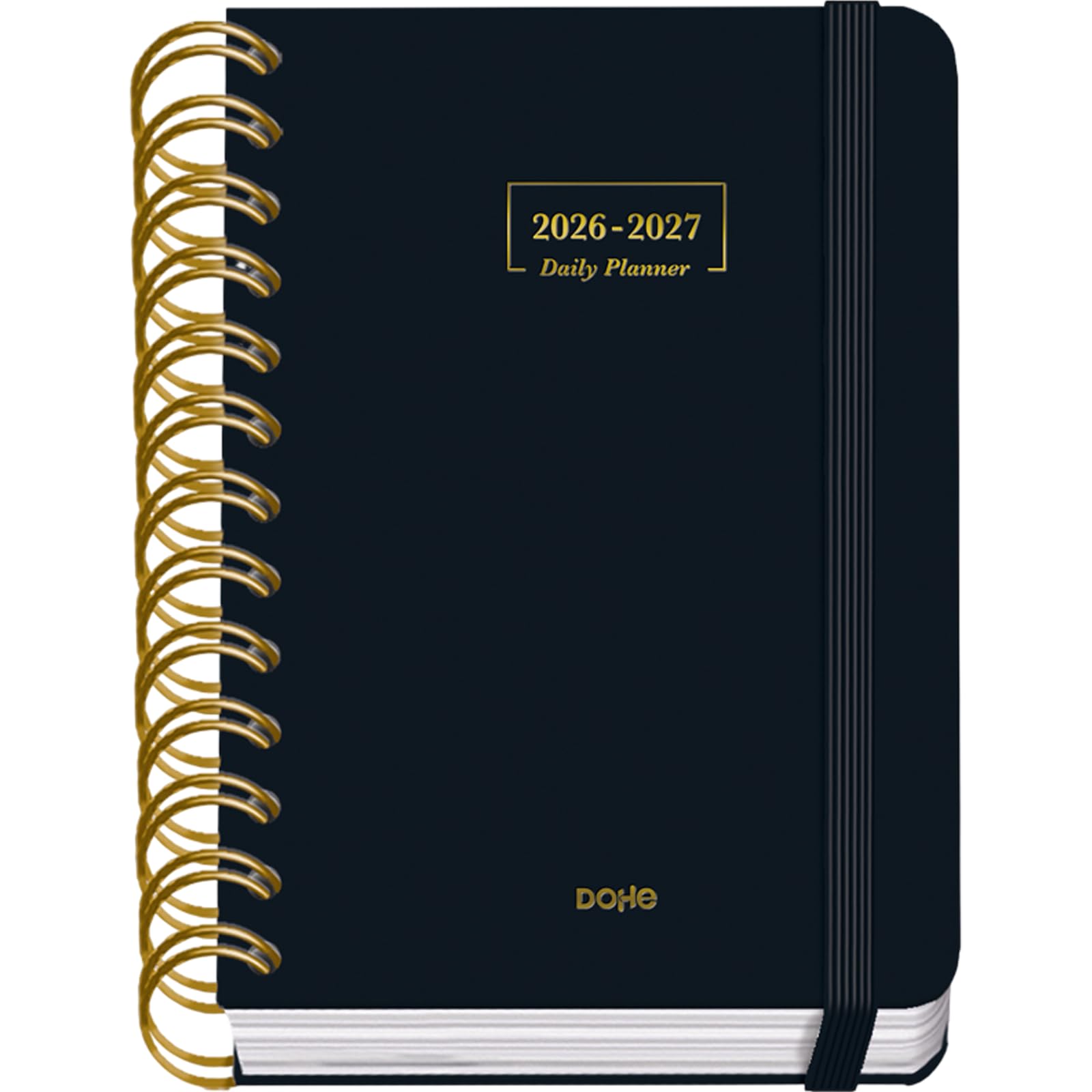 Dohe - 2026 2027 School Planner - September to June, Day per Page, A6 (12x17 cm), Soft Hard Cover, Double Spiral, Elastic Band Closure, 2 Pages of Stickers, Spanish and English - Black