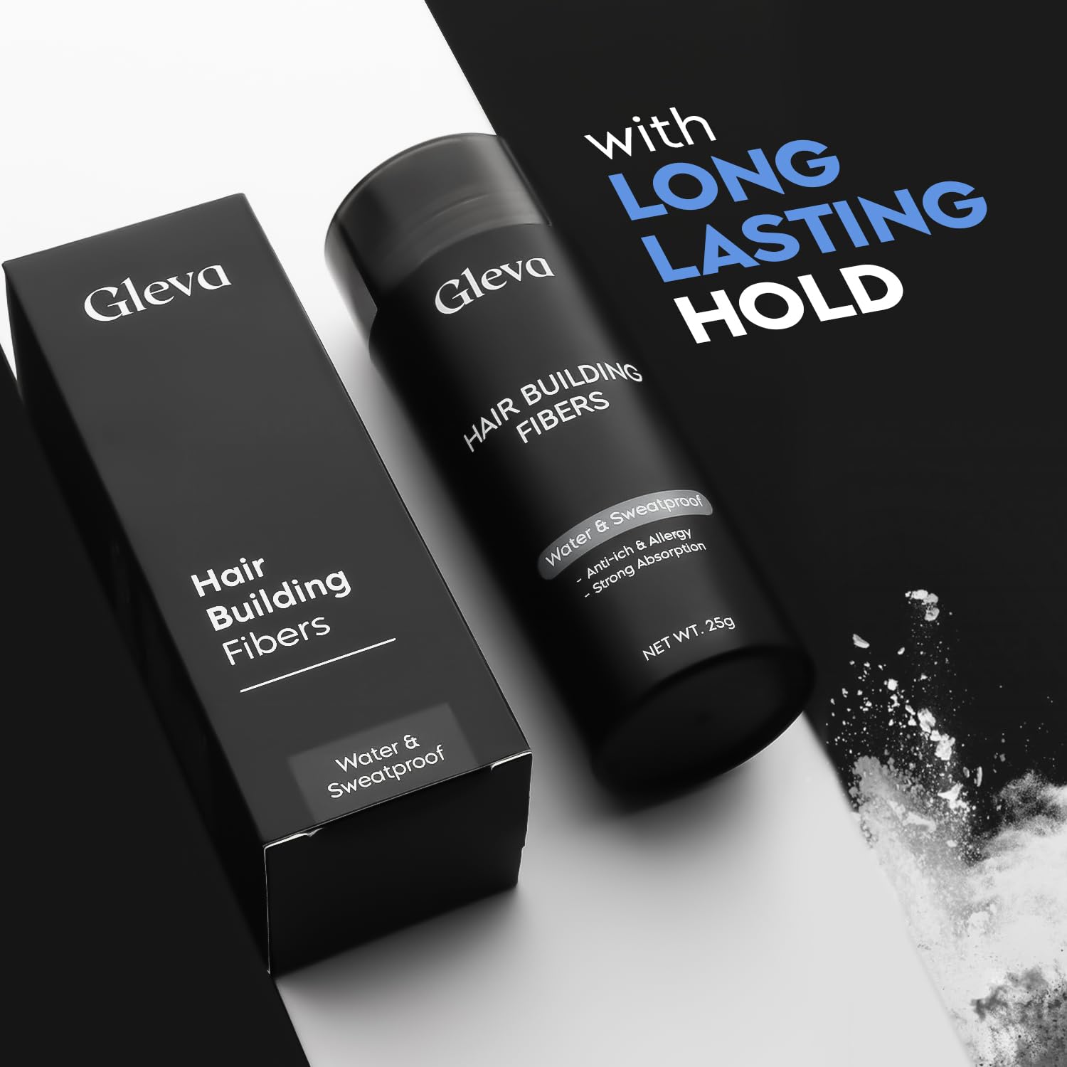 Gleva Hair Building Fibers - Powder Thickener, Topper For Fine- Natural Filler Instantly Conceals Hair Loss - Bald Spots Filler For Women & Men (Black), 25 Grams 3