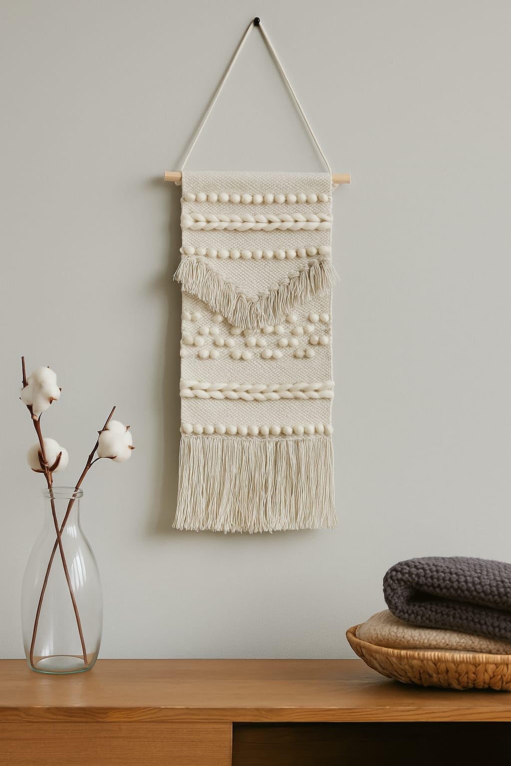 Wisdom Decor™ Handloom Cotton Wall Hanging – Woven Decorative Tapestry for Living Room, Bedroom & Office (12x20 Inches, Beige)