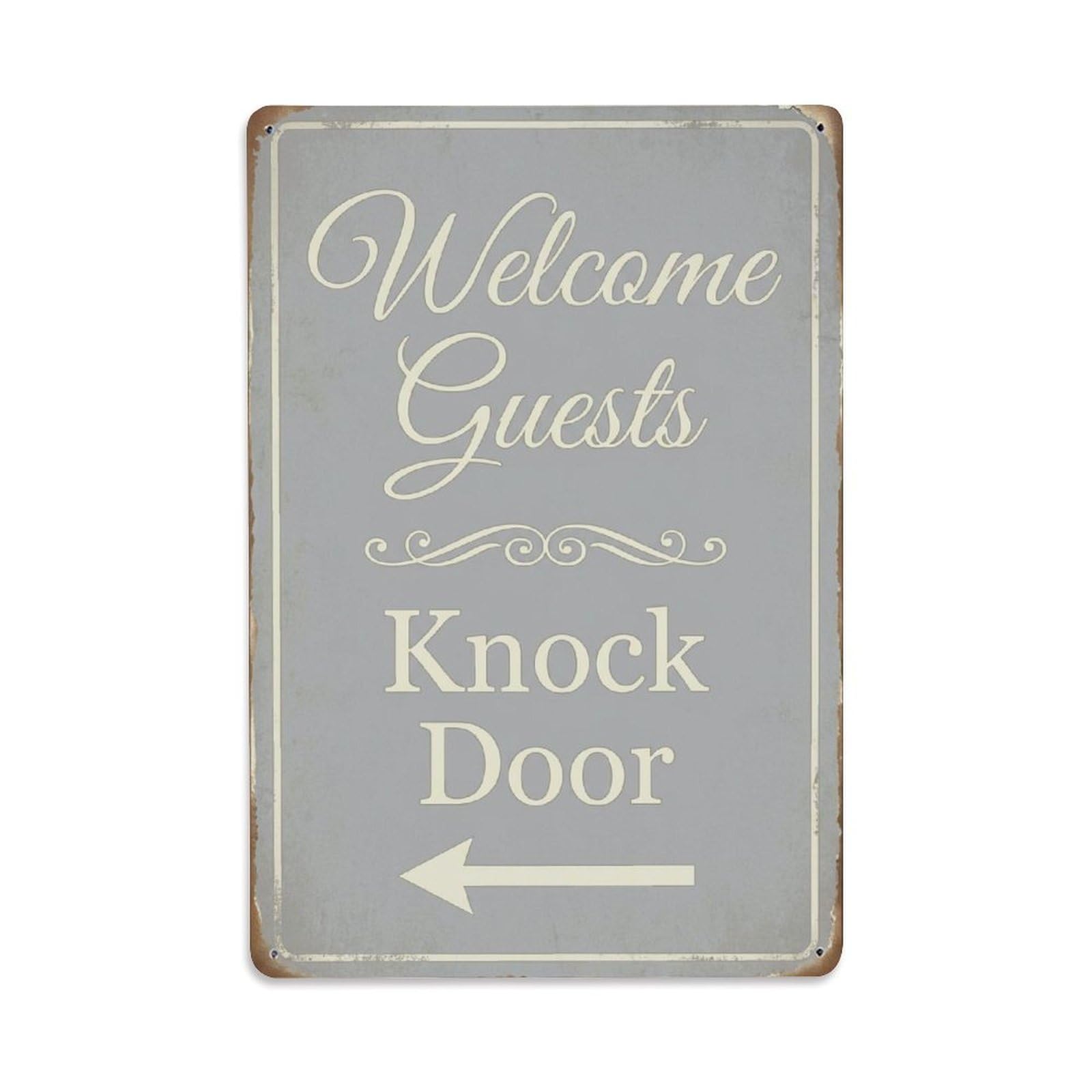 Metal Tin Sign Vintage Welcome Guests Knock Door Arrow Scroll
