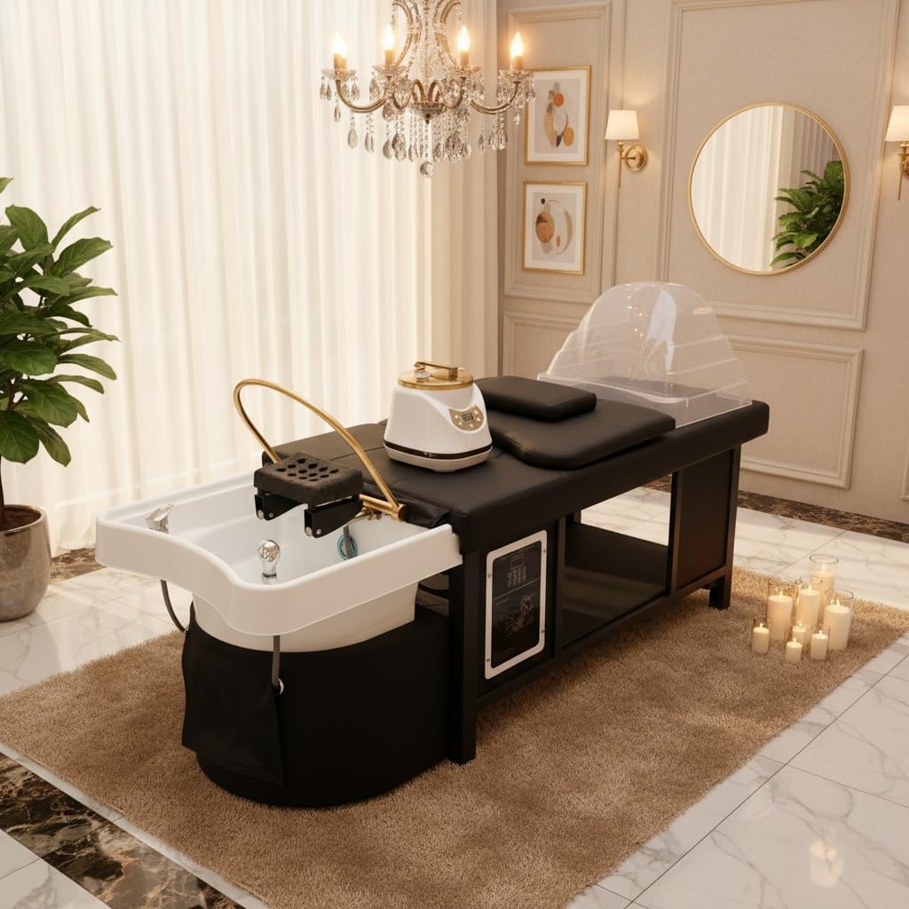 Salon Head Spa łóżko do masażu z miską na szampon, cykl wody i stacja do fumigacji, do rzęs, wosku, fizjoterapii, salonów piękności, czarne