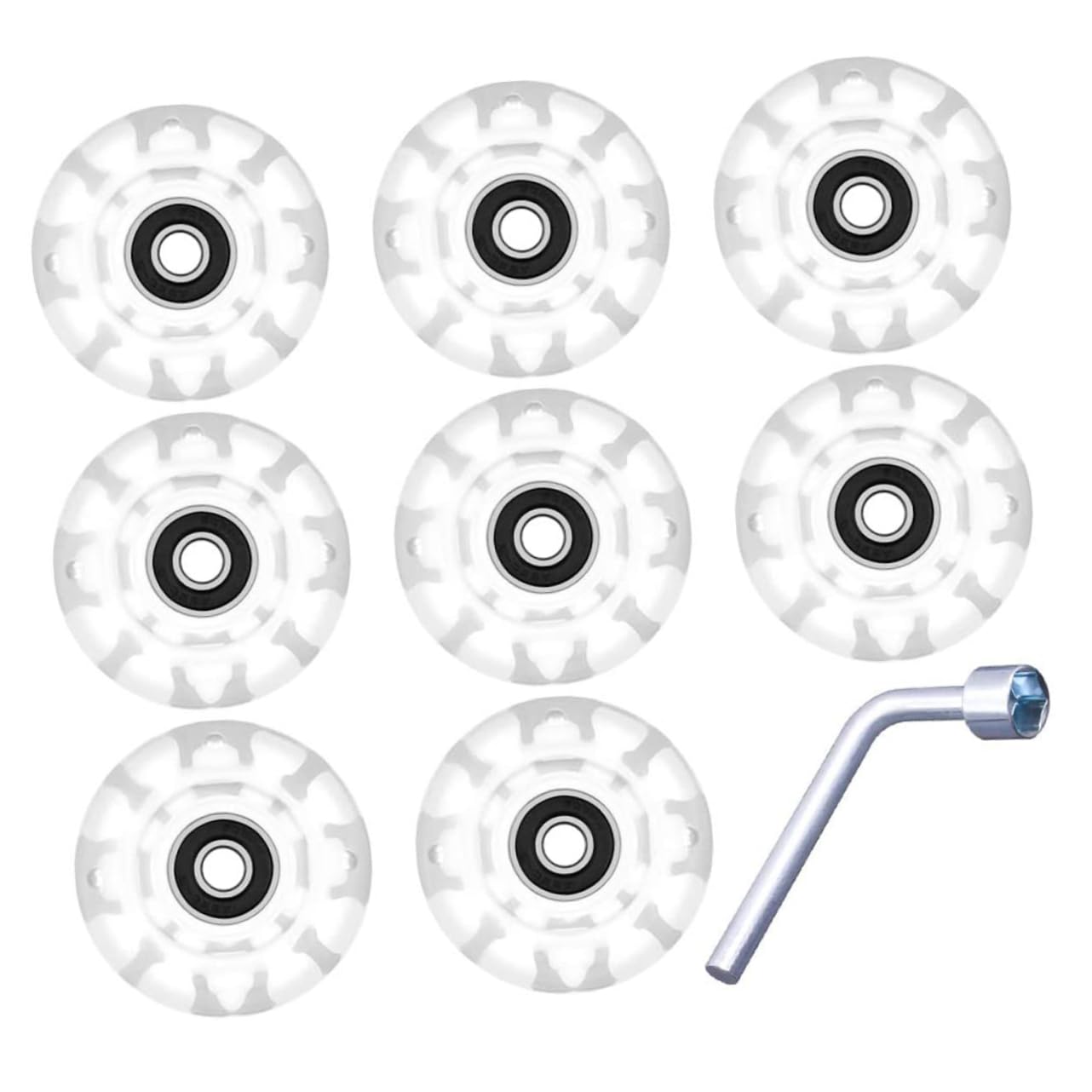 TOBBOMEY 1 Set Glowing Roller Skating Wheels Light Up Double Row Skate Wheels with Bearings Wrench Durable PU Material for Outdoor Skating Easy Installation Vibrant Colors