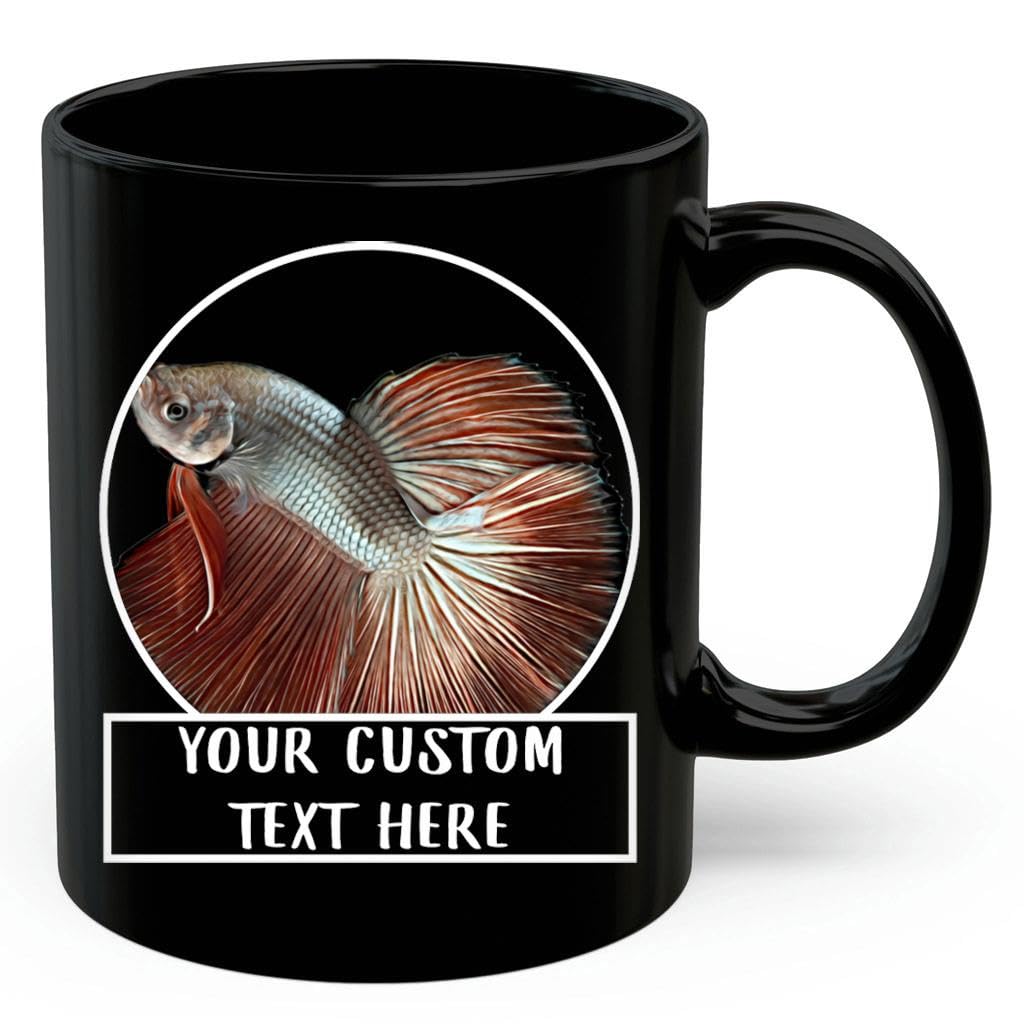 Personalized Copper Pink Halfmoon Betta Fish Coffee Mug 11oz Black Ceramic Cup with Custom Text - Customizable Animal Photo Portrait Funny Gifts for Betta Lovers