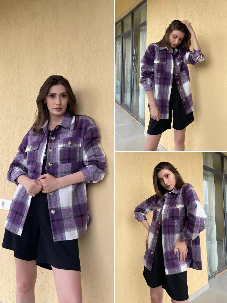 HOTOUCH Womens Flannel Plaid Shacket Jacket Button Down Tartan Trench with Pocket Long Sleeve Cropped Fashion Coat S-XXL - Image 2