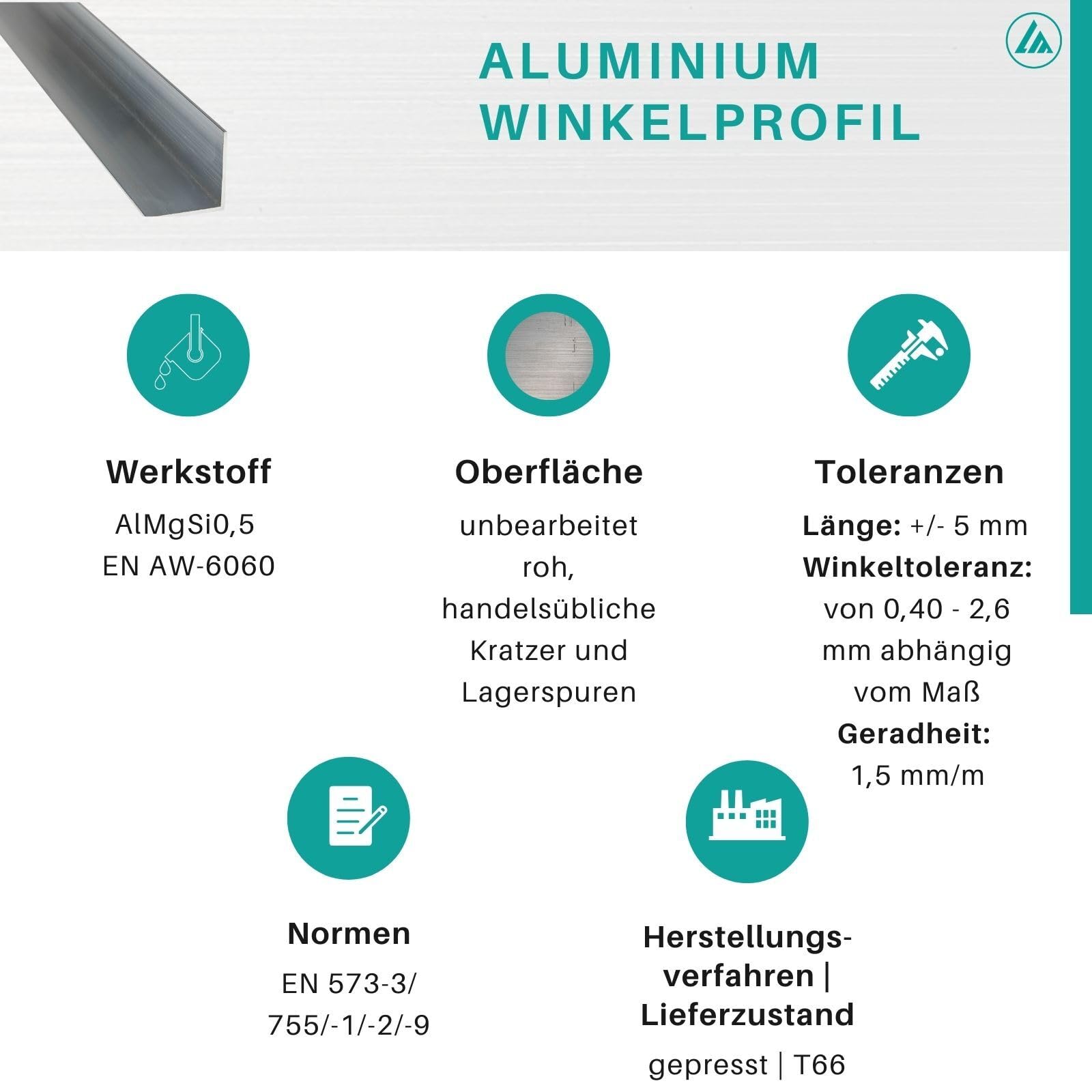 Aluminiowy profil kątowy | AlMgSi0,5 | EN AW-6060 | jasny/surowy | 70 x 70 x 6 mm | Długość: 2000 ± 5 mm