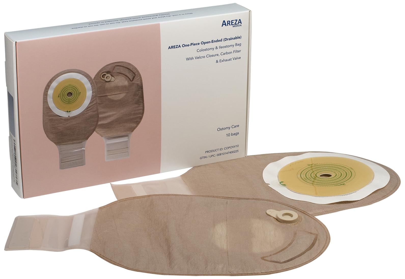 Areza Medical - One-Piece Open-Ended Drainable Colostomy & Ileostomy Bag with Velcro Closure, Carbon Filter & Exhaust Valve - 10 Bags per Box