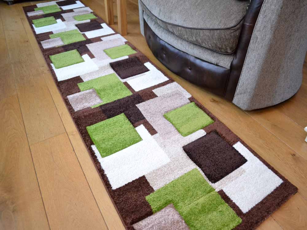 Tempo Brown Green Square Design Thick Quality Modern Carved Rugs. Available in 6 Sizes (67cm x 120cm)