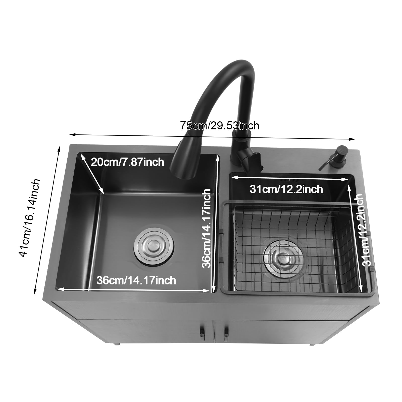 Spültisch 75 cm Breit Küche Spüle mit Unterschrank 2 Becken Ausziehbar Küchenarmatur Abtropffläche Seifenspender Abflussrohr Abflusssieb 360° Drehbarer Wasserhahn
