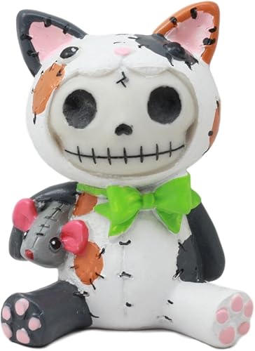 Ebros - Figura de esqueleto de gato calicó con huesos peludos, 3 pulgadas de alto, gato de la suerte, Mao Mao, gatito, con capucha, monstruo,