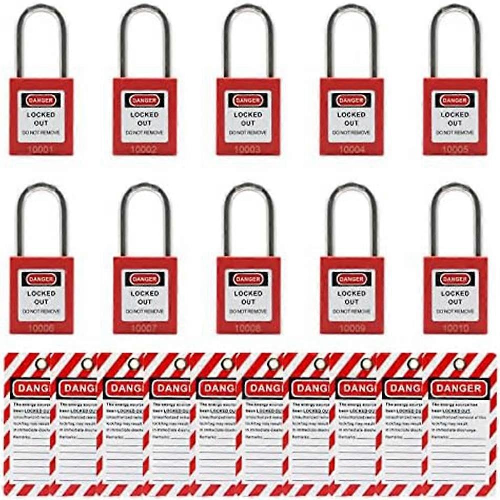 10 Red Lockout Tagout Locks with 10 Lock Out Tag Out Tags, Keyed Different,Compliant Safety Locks(Red,Keyed Different)