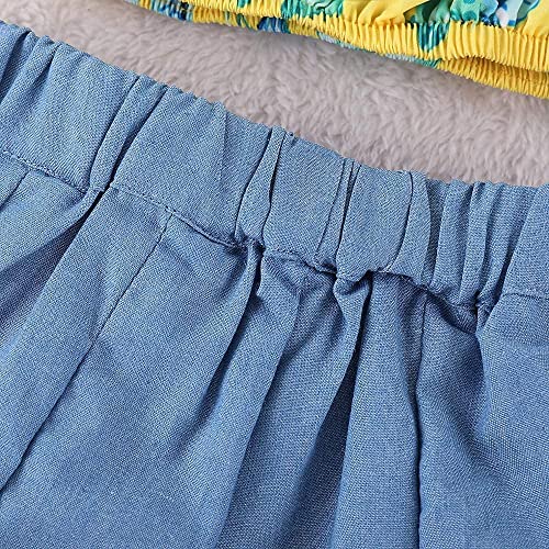 Image of Kids Baby Girls Outfits Floral Ruffle Off Shoulder Crop Tops + Bowknot Denim Shorts Skirt Set Toddler Summer Clothes