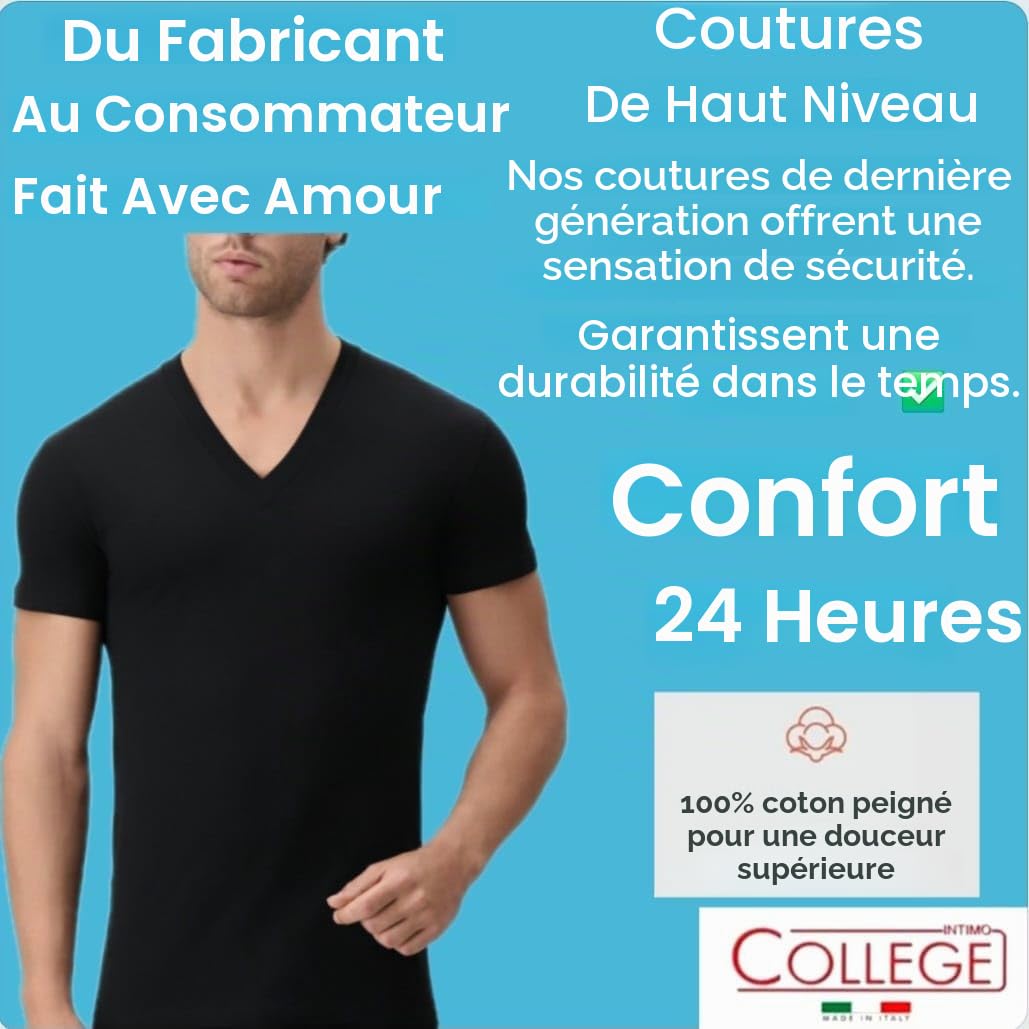 5/12 T-shirt pour homme en pur 100 % coton peigné fabriqué en Italie de qualité respirant col en V et col rond