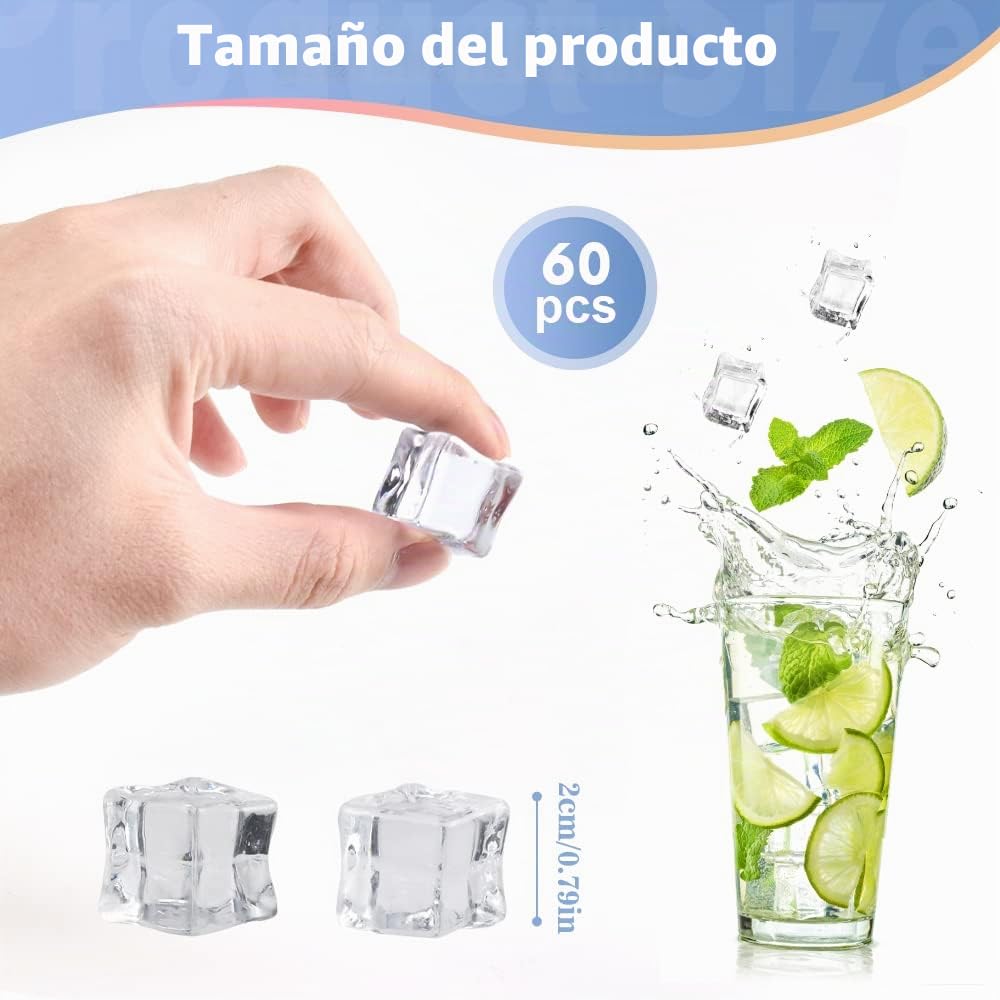 THATSRAD 60 PZS Cubitos de Hielo Reutilizables Transparentes 2cm Cubitos de Hielo de Acrílico Cubitos de Hielo Falsos Reutilizable de Cubo Hielo Falso para Artificiales, Fotografia, Decoración de Boda