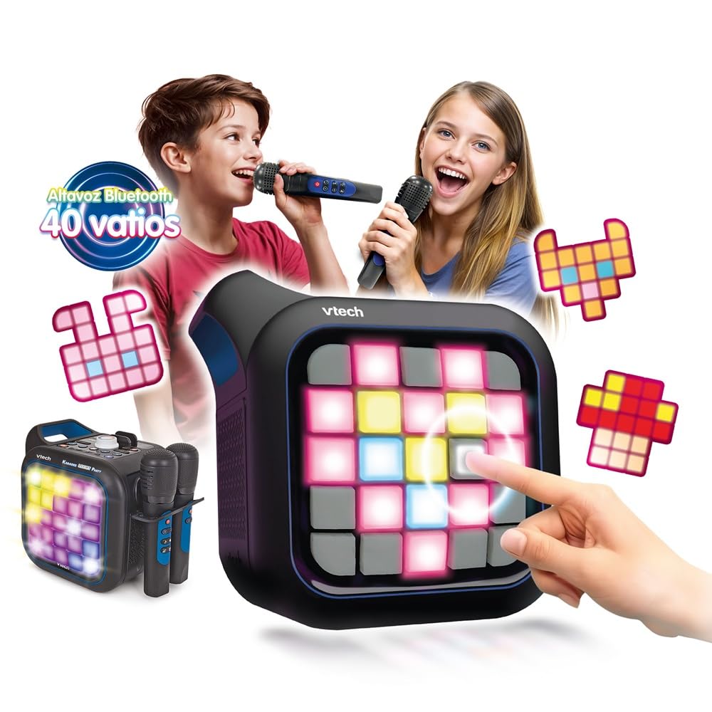 VTech - Karaoke Light Party Duo Disco Edition, Altavoz Potente, Karaoke Portátil con Bluetooth, 40W, Incluye 2 micrófonos inalámbricos, función Quitar Voz, Panel táctil, asa integrada, Versión ESP