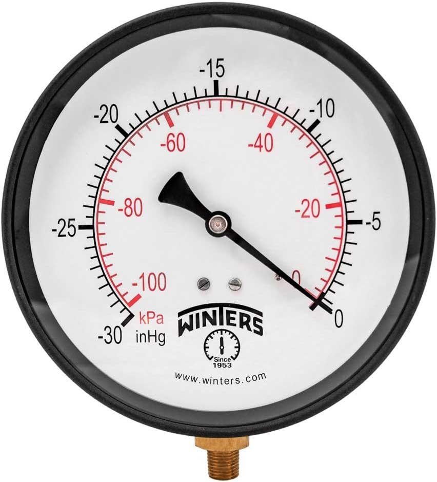 Winters P1S 100 Series Steel Dual Scale Pressure Gauge, 30"Hg Vacuum/kpa, 6" Dial Display, +/-1% Accuracy, 1/4" NPT Bottom Mount
