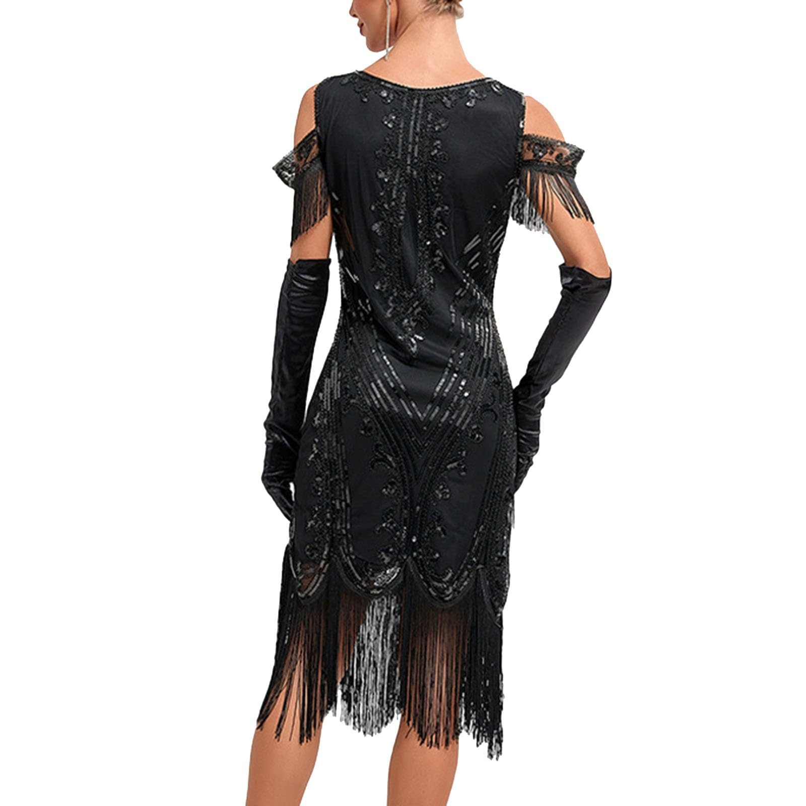 Damen Kleider Elegant Partykleid Knielanges Flapper Partykleid der 1920er Jahre Quastensaum Pailletten Cocktailkleider mit Accessoires Kostümset für Bierfest Karneval Halloween