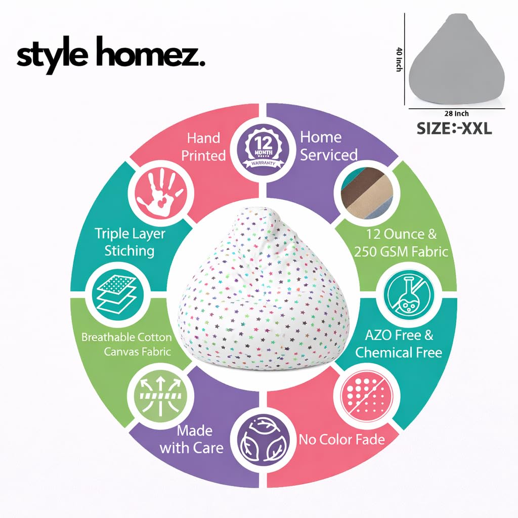 Style Homez Classic Cotton Canvas Star Printed Bean Bag XXL Size Cover Only 1