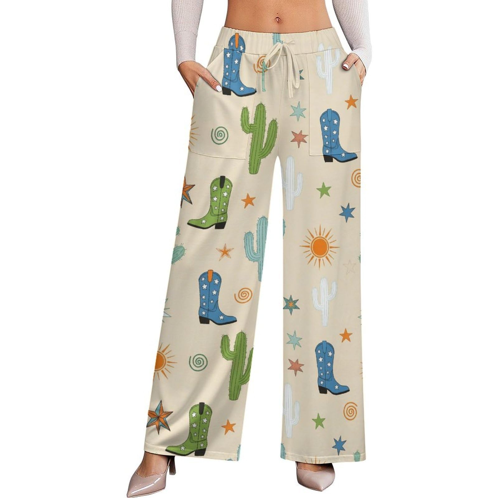 Womens Pants Elastic High Waisted Ivory White Pumpkin Palazzo Casual Wide Leg Lounge Pants for Women