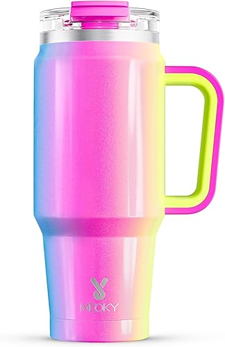 Meoky Vaso de 32 Onzas con Asa, Vaso Aislado con Tapa y Popote, Taza de Viaje de Acero Inoxidable, Mantiene el Frío Durante 24 Horas, 100% a Prueba