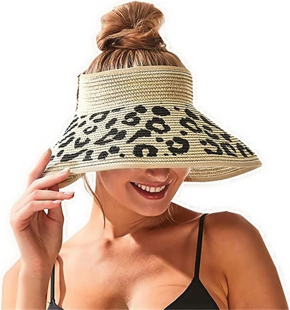 Women Sun Visors Wide Brim Foldable Packable Ponytail Beach Hat Straw Leopard Roll Up Bow Visor Sun Hats