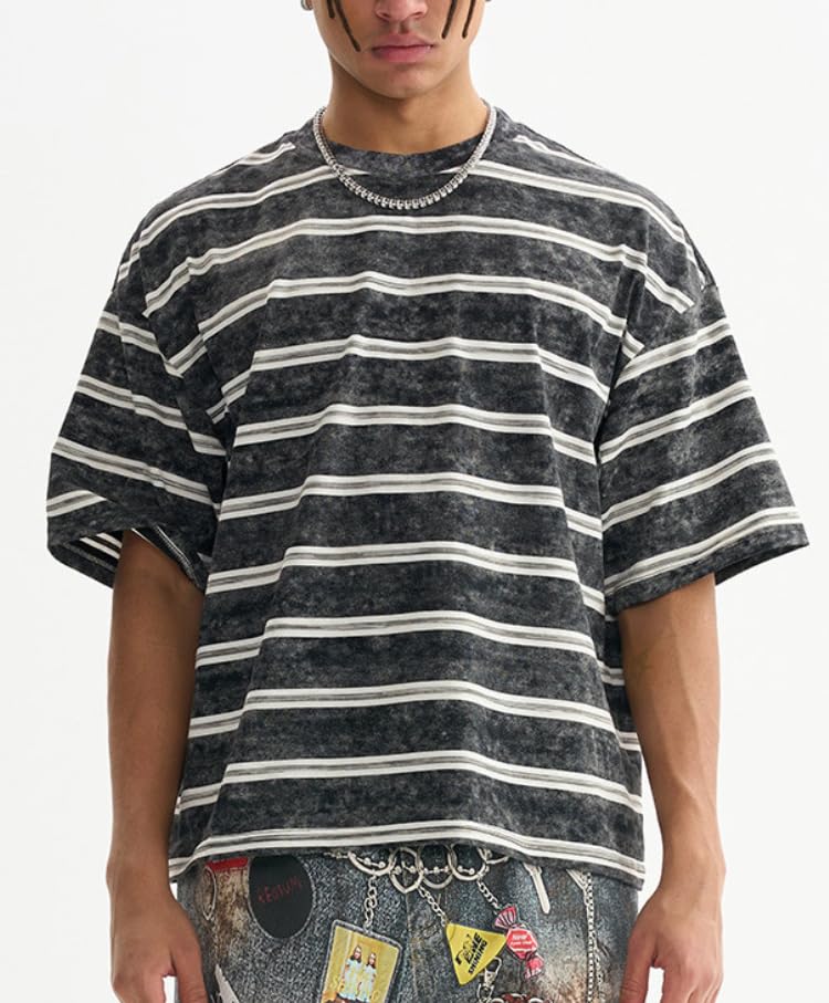Men's Vintage Y2K Striped Short Sleeve T-Shirt Loose Fit Crewneck Summer Tee Baggy Color Block Summer Tops2