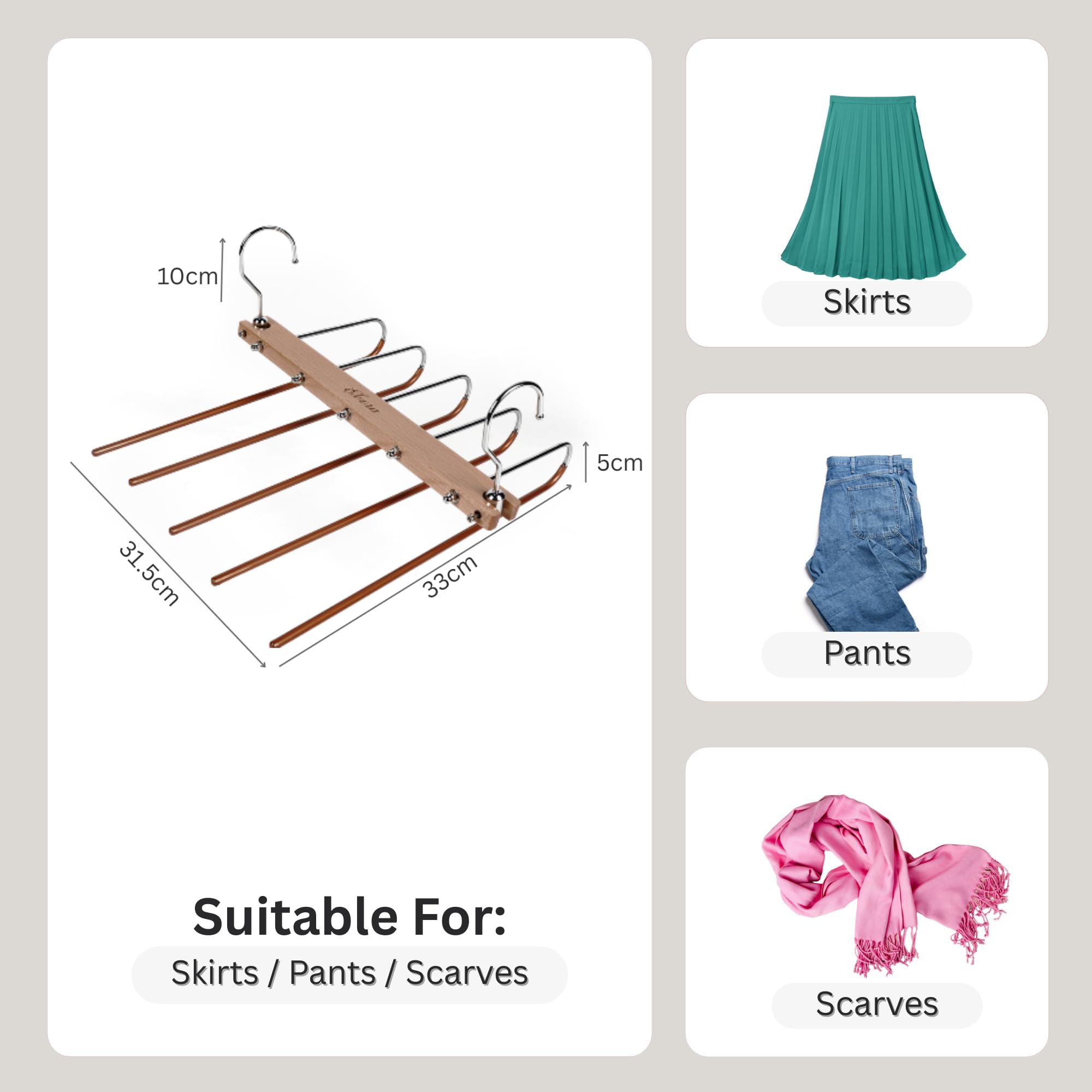 Hosenbügel, rutschfest, 2 Stück, platzsparend, mehrschichtig, multifunktionaler Kleider-Organizer für Hosen, Jeans, Schals, Röcke (Natur)