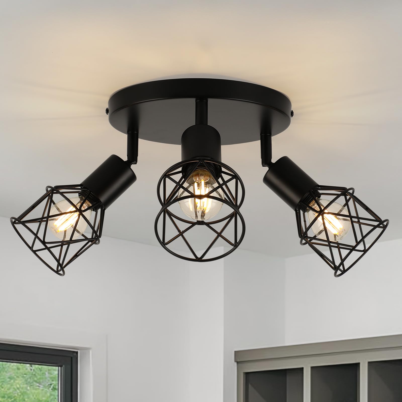 Ceiling Lights Spotlight, 3 Way Spot Lights 350°Adjustable, E14 Base Black Light Shade Metal Wire Cage Light Fittings, Industrial Wall Ceiling Lamp for Kitchen Living Room Hallway Bedroom