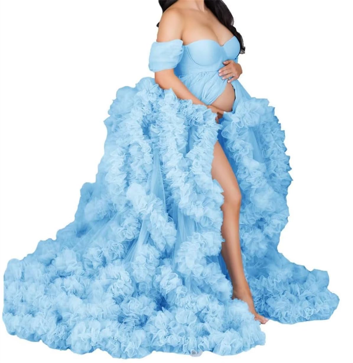AHERKLL Women's Maternity Dress for Photoshoot Tulle Robes Puffy Ruffles Bridal Lingerie Bathgown IllusionZM004 Light Blue UK10