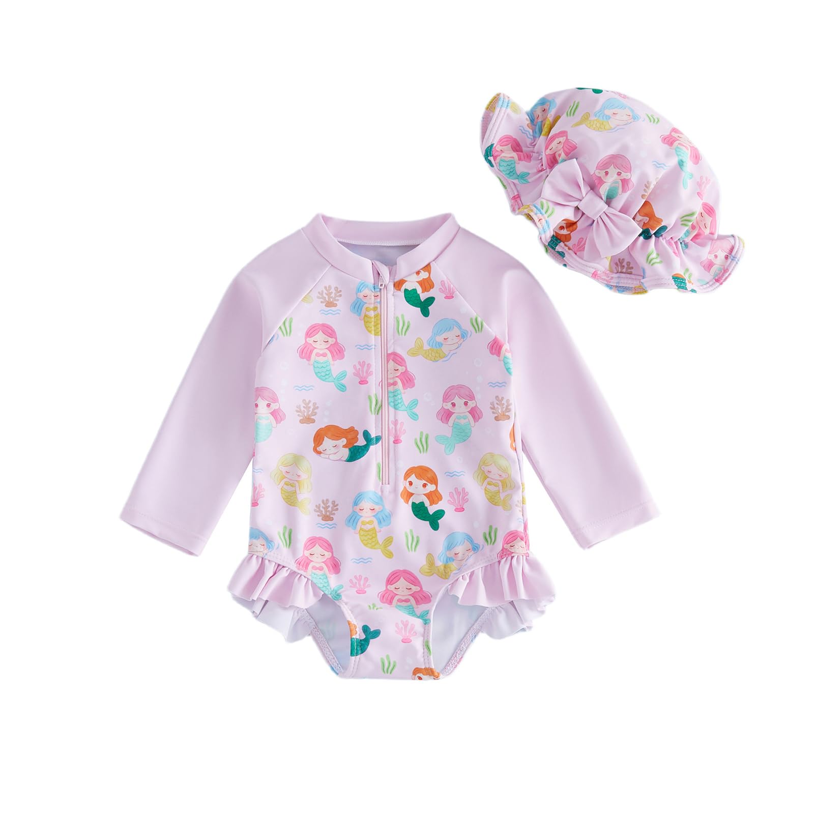 Baby Mädchen Badeanzug Langärmelig Einteilig mit Hut UV-Schutz Rüschen Blumenmuster Reißverschluss Strandmode für Kleinkinder
